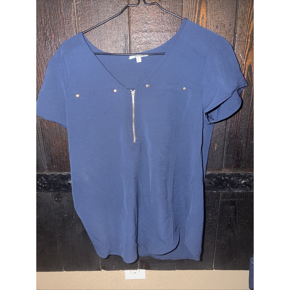 Mph Collection Women's PS Blouse Gold Zip Blue Casual Career  N